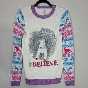 No Boundaries Womens Christmas Unicorn Sweater Size M 3D Knit Sequin Believe